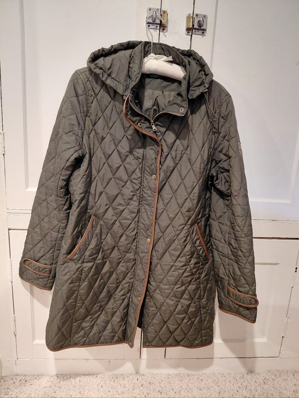 Lauren Ralph Lauren Long Olive Quilted Barn Coat Field Jacket Women XL